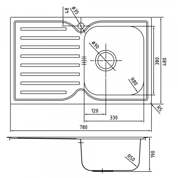 Мойка кухонная из нержавеющей стали IDDIS STRIT STR78SRi77 78*48 см.  Мойка кухонная из нержавеющей стали IDDIS STRIT STR78SRi77 78*48 см.