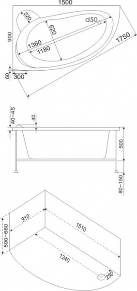 Ванна акриловая BAS ВЕКТРА В 00008 150x90 см. правая 