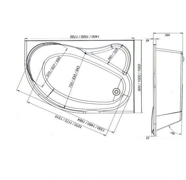 Ванна акриловая Mirsant ЯЛТА  140x90 см. правая 