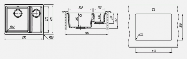 Мойка кухонная керамогранитная Florentina ВЕГА 335/160 22.325.D0510.102 55*42 см. черный