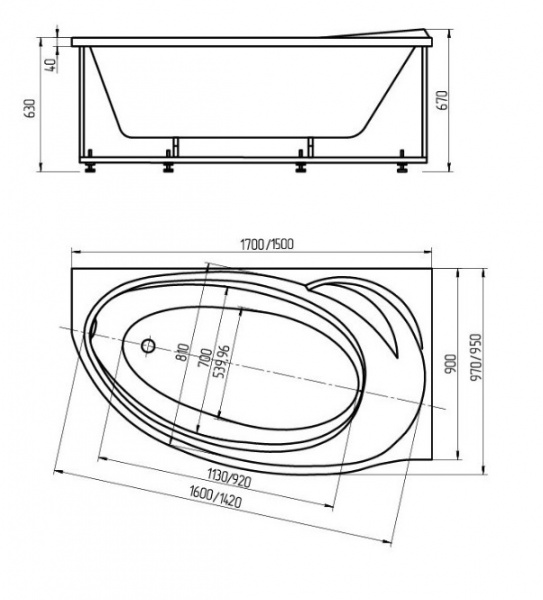 Ванна акриловая Aquatek БЕТТА  160x97 см. правая 