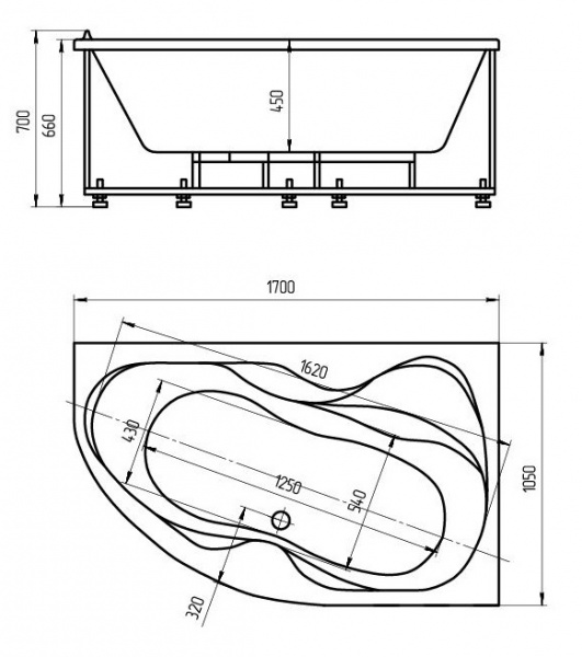 Ванна акриловая Aquatek ВЕГА  170x105 см. правая 