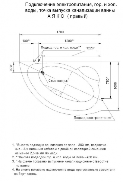 Ванна акриловая Aquatek АЯКС  170x110 см. левая 