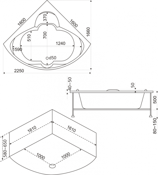 Ванна акриловая BAS ДРОВА В 00010 160x160 см. 