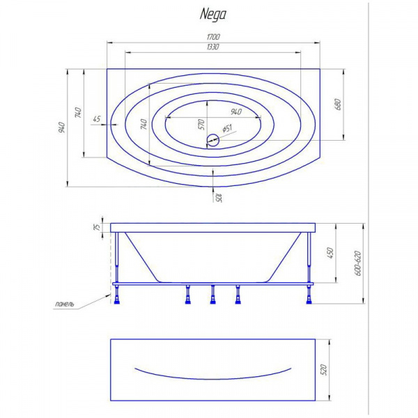 Ванна акриловая 1Marka NEGA 01нег1795 170x95 см. 