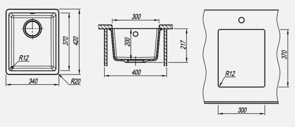 Мойка кухонная керамогранитная Florentina ВЕГА 300 22.305.A0300.302 34*42 см. антрацит